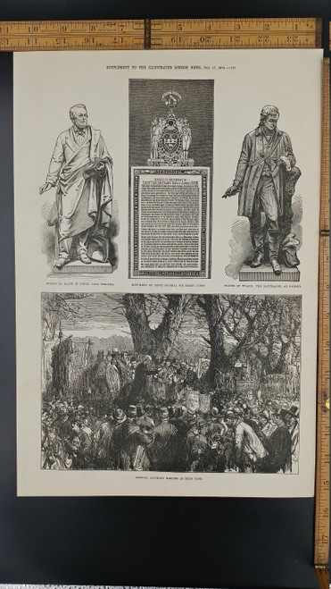 Hospital Saturday Meeting in Hyde Park 1874. Monument of Lieut.-General Sir Henry Jones.Statue of Wilson.Large Antique Engraving