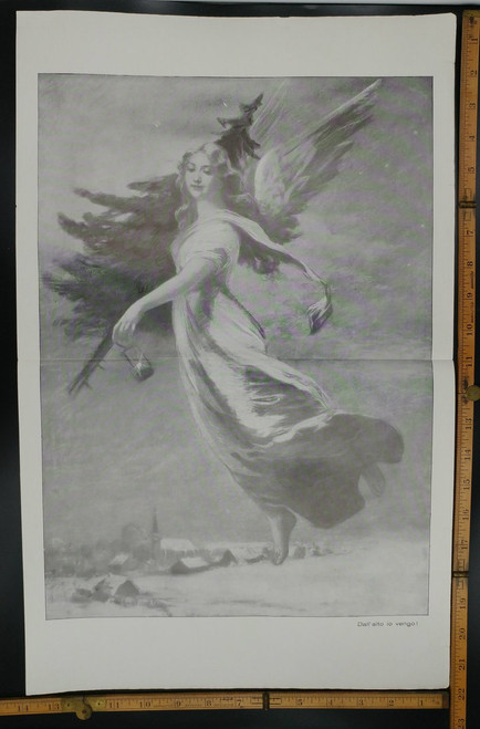 From High I Come. Christmas Angel with a tree and lantern visiting a small town. Original Antique Print 1915