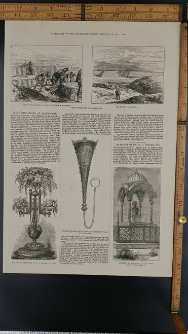 Siege Operations at Eastbourne 1874. Battery of Defence, 8 Inch Howitzer. Monument to Rajah KolaPore. Large Antique Engraving, About 11x16