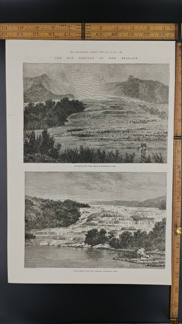 Te Tarata (The White Terrace), Rotomahana Lake 1874. The Pink Terrace. Large Antique Engraving, Aproximately 11x16