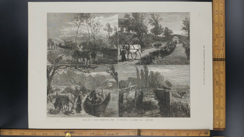 Canal Life: Barges Crossing Each Other, on the Road, An Evening Halt, the Lock 1874. Large Antique Engraving. Aprox 11x15.