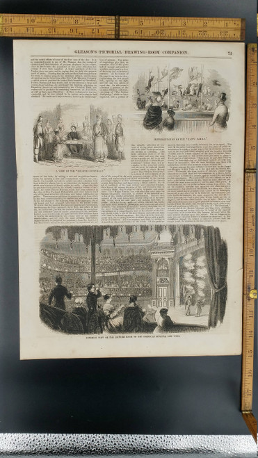 Interior View of the Lecture Room of the American Museum, New York 1853. Representation of the Happy Family. Large Antique Engraving.