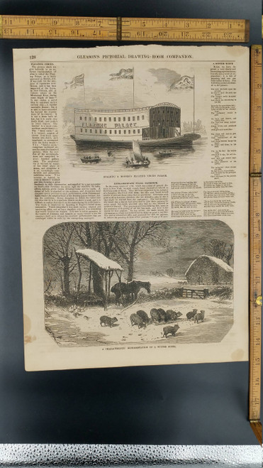 Spalding and Rogers's Floating Circus Palace 1853. Characteristic Representation of a Winter Scene. Large Antique Engraving.