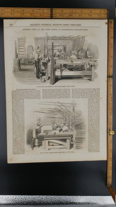 Whip-Making Department at the Massachusetts State Prison 1853. Cabinet-Making Department at the Mass State Prison. Large Antique Engraving.