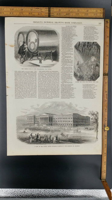 Metre Room in the Philidelphia Gas Works 1853. Winter the King, and Spring the Poet. Patent Office, Washington DC. Large Antique Engraving.