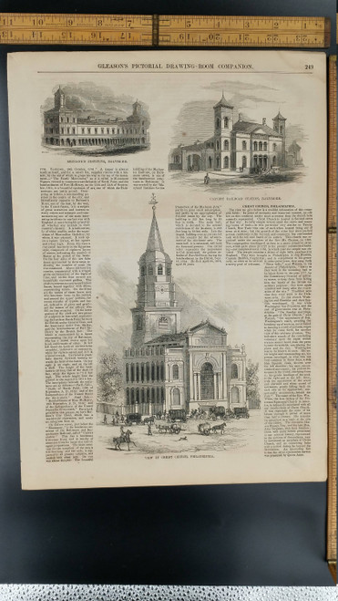 Christ Church, Philidelphia  1853. Calvert Railroad Station and Mechanics Institute, Baltimore Maryland. Large Antique Engraving.