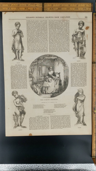 Statues of the four Seasons, Spring, Summer, Fall (Autumn), Winter from 1853.The Coming Footstep by T. F. Marshall .Large Antique Engraving.