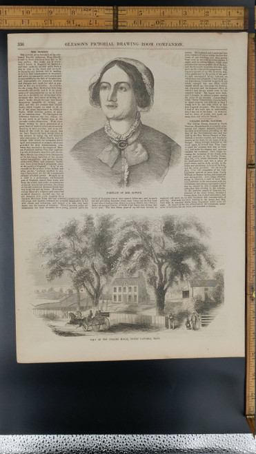 View of the Collins House, North Danvers, Mass 1853. Horses Pulling a Wagon. Portrait of Mrs. Howitt. Large Antique Engraving.