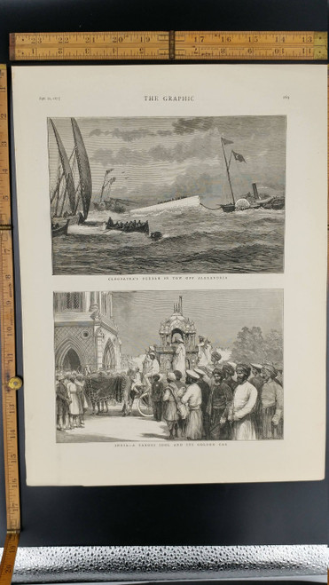 Cleopatra's Needle in Tow off Alexandria 1877. A Sarogi Idol and its Golden Car in India. Sidewheel Steamer. Large Antique Engraving.