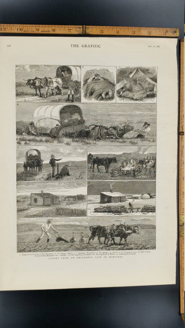 Scenes from Emigrant's Life in Manitoba. Wagon Stuck in the Mud, Camping Ground, Plowing  Oxen, Log House in Winter. Large Antique Engraving