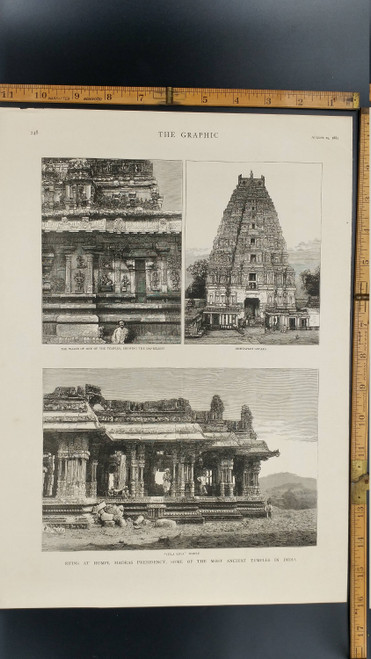 Ruins at Humpi, Madras Presidency, Some of the most Ancient Temples in India. Vitla Roya Temple. Bishtapiah Gopara Large Antique Engraving