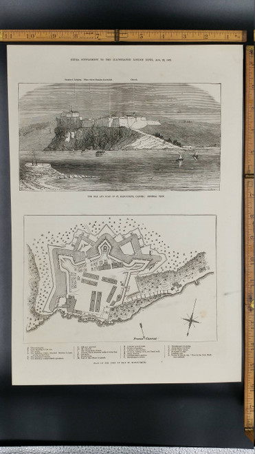 Isle and Fort of St. Margurite, Cannes: General View. Man in the Iron Mask.  Large Antique Engraving