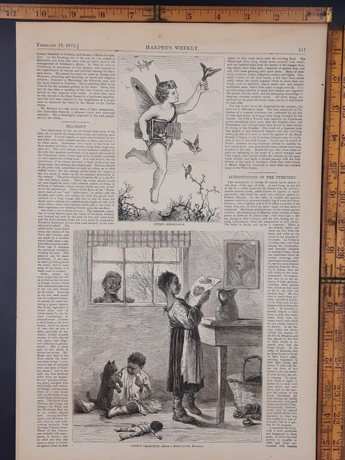 Cupid's Cupid's messenger, Cupid with some birds. Topsy's Valentine, from a sketch by Sol Eytinge. A young African American child playing with their cat and doll. Original antique print 1870 Aprox 11x16