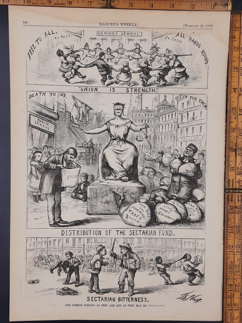 Thomas Nast Political cartoon on common schools as they are and how they may be. Distribution of the sectarian fund. Public funds being diverted to Catholic priests. Original antique print 1870 Aprox 11x16