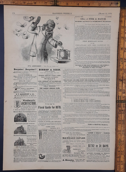 XVth Amendment shoo fly, don't bodder me! Cartoon shows a black man casting his vote under the Fifteenth Amendment, as he shoos away flies of states which voted against ratification. Ads for Vicks Seeds, Maynard Rifles. Original antique print 1870