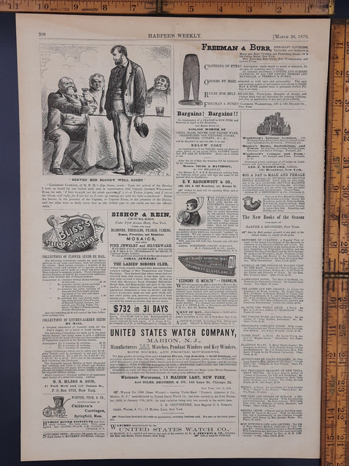 Served her bloody well right, Lieutenant Clemens. . Ads for Bliss's select garden seeds, Bishop and Rein Jewelers of New York. Original antique print 1870 Aprox 11x16
