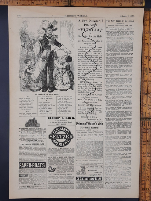 Saint Patrick in New York. Ads for Tarrant's Seltzer Aperient, Warner Peck and Co Children's Carriages Springfield MA. Original antique print 1870 Aprox 11x16