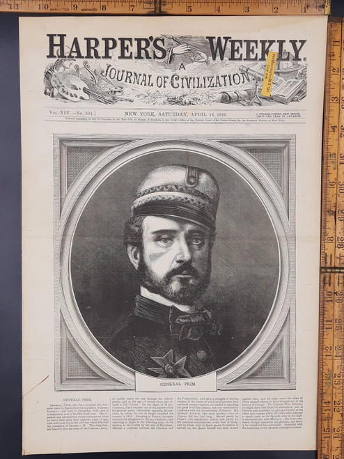 General Juan Prim y Prats, Spanish general and Prime Minister. Original antique print 1870 Aprox 11x16