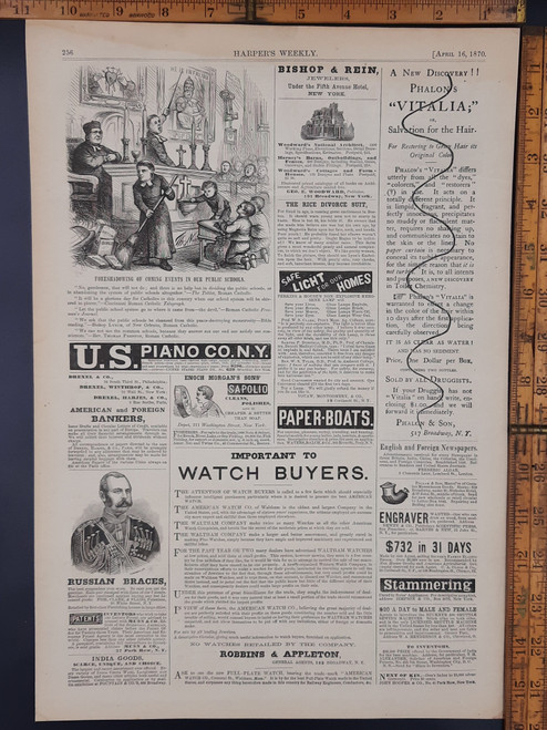 Foreshadowing of coming events in our public schools political cartoon by Thomas Nast. Ads for Russian Braces, Pollak and Son and Non explosive kerosene lamp. Original antique print 1870 Aprox 11x16