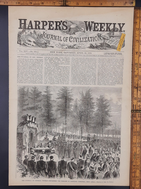 The Funeral of Civil War Major General George H Thomas, Depositing the remains in Oakwood Cemetery Troy NY. Original antique print 1870 Aprox 11x16