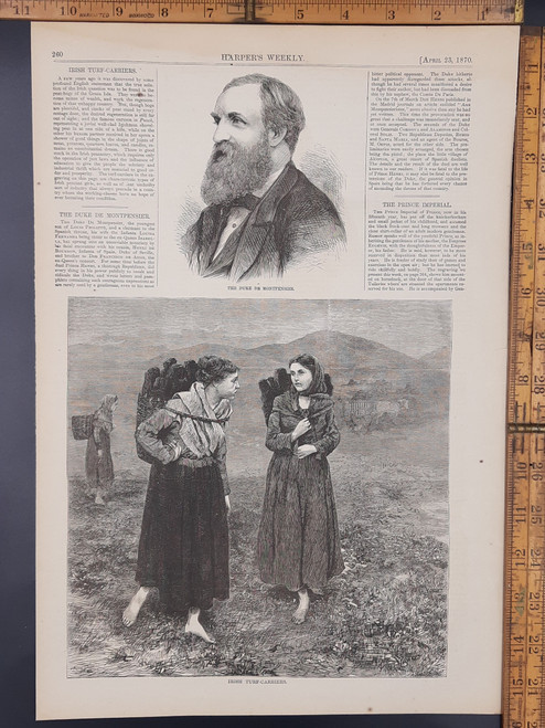 Irish turf-carriers, barefoot peasant girls working. The duke De Montpensier. Original antique print 1870 Aprox 11x16