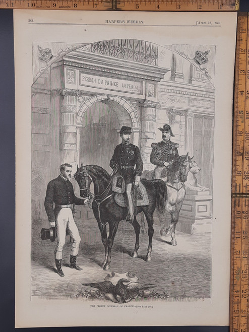 The Prince Imperial of France Louis-Napoléon on his horse. Original antique print 1870