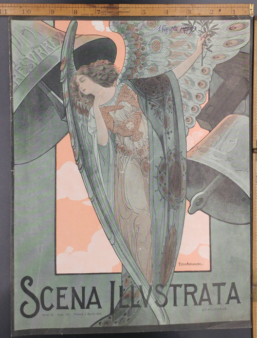 Ezio Anichini Art Nouveau. Beautiful Woman Angel and church bells. Colorful Art Nouveau. Original Antique Print 1915