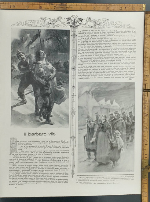 German soldiers hiding behind women and children in WWI.  The terror of war.Original Antique Print 1915