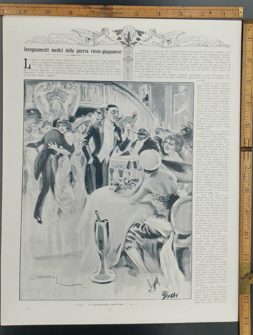 Speaker at a party. Fancy dress and high fashion. Original Antique Print 1915