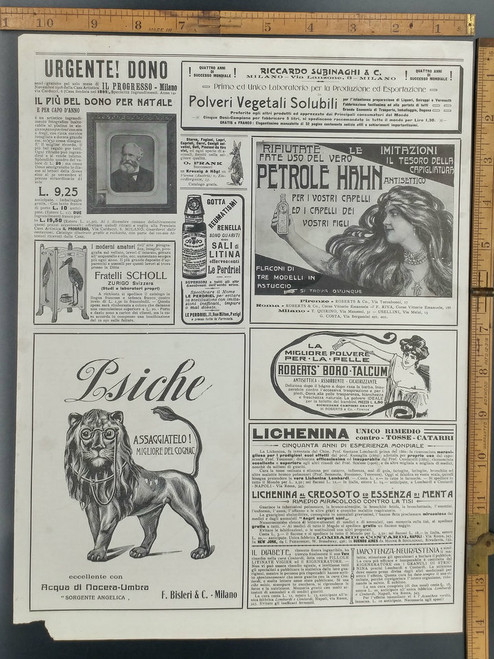 Lsiche cognac advertisement. Petrole Hahn hair tonic. Lion in glasses. Original Antique Print 1915
