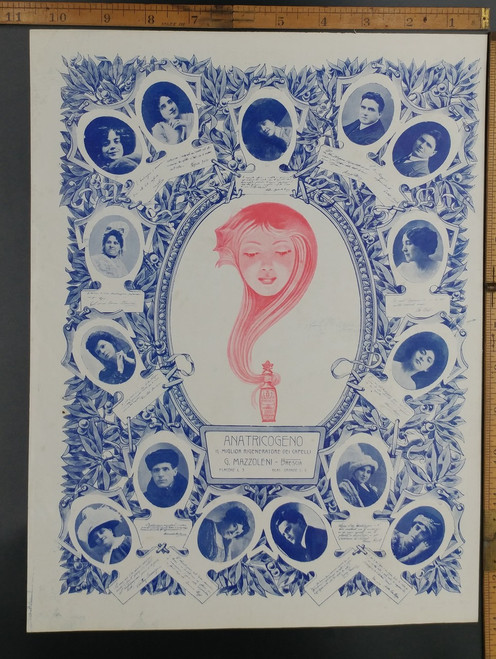 Hair restoration add, Anatricogeno. Vintage pictures of men and women. Original Antique Print 1915