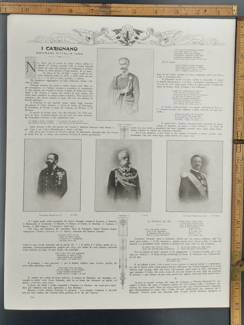 Pictures of the Sovereigns of Italy. Carlo Alberto,  Vittorio Emanuele II, Umberto I and Vittorio Emanuele III. Original Antique Print 1915