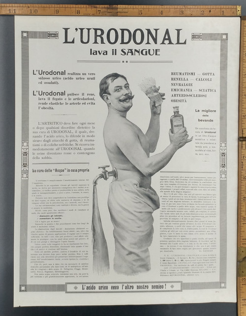 Crazy Italian advertisement for Urodonal. A man with a faucet in his back. Original Antique Print 1915