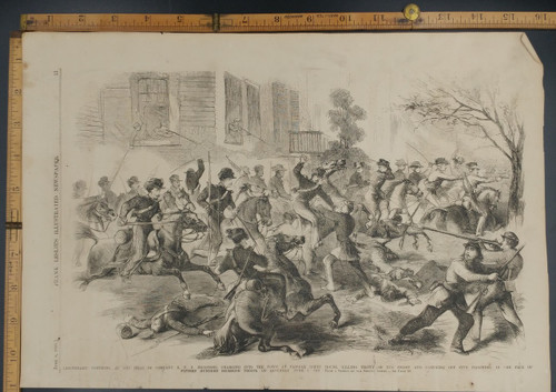 Lieutenant Tompkins leading BUS Dragoons charging into Fairfax Court House. Street fighting in the Civil War. Original Antique Civil War Print 1861