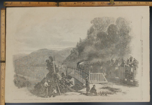 Col. Irvine's 16th regiment of Ohio Volunteer Militia over the Tray Run Viaduct on the Baltimore and Ohio Railway. Original Antique Civil War Print 1861