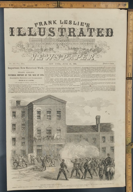 Street fighting between Rebel troops and Union Troops under Colonel M'Neil and the citizens of St. Louis, MO. Engine House, Recorder's Court taking fire. Original Antique Civil War Engraving AKA Print 1861.