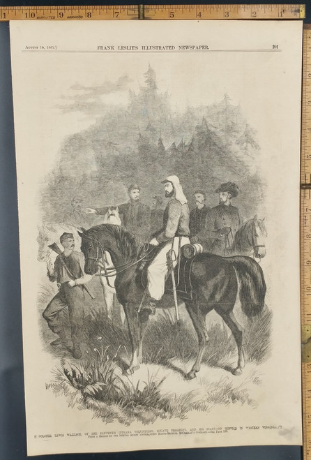 Colonel Lewis Wallace, of the Eleventh Indiana volunteers, Zouave Regiment, and his staff on service in Western Virginia. Nice horse. Original Antique Civil War Engraving AKA Print 1861.