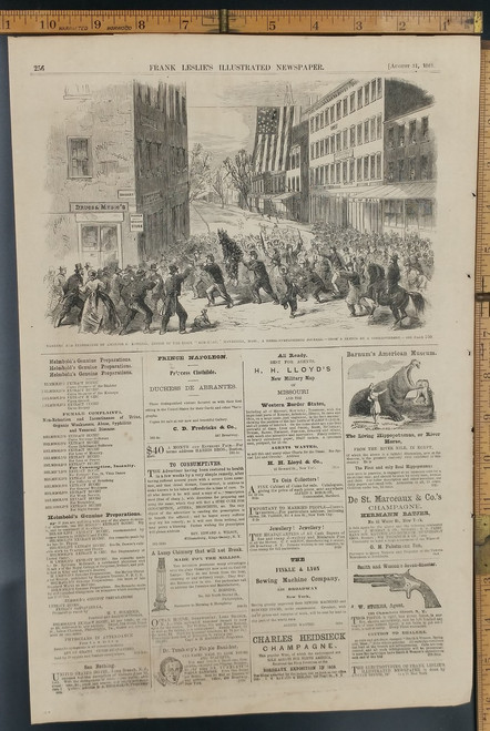 Tarring and Feathering of Ambrose L. Kimball, editor of the Essex Democrat Haverhill, Mass. Barnum's American Museum. Original Antique Civil War Engraving AKA Print 1861.