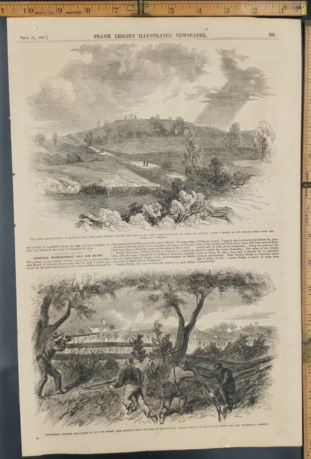 Rebel Fortifications on Munyon's Hill only 3 miles from Arlington Heights. Troops firing from behind a fence. Original Antique Civil War Engraving AKA Print 1861.