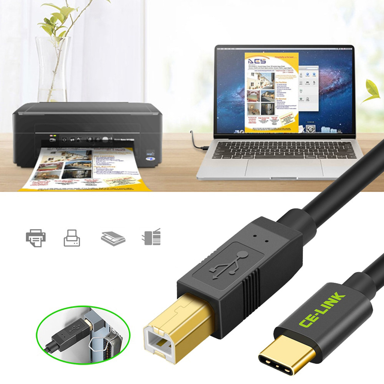 CE-Link USB 3.1 Type-C Male to USB 2.0 Type-B Male Adapter Cable Printer Scanner USB-C Cord 2M