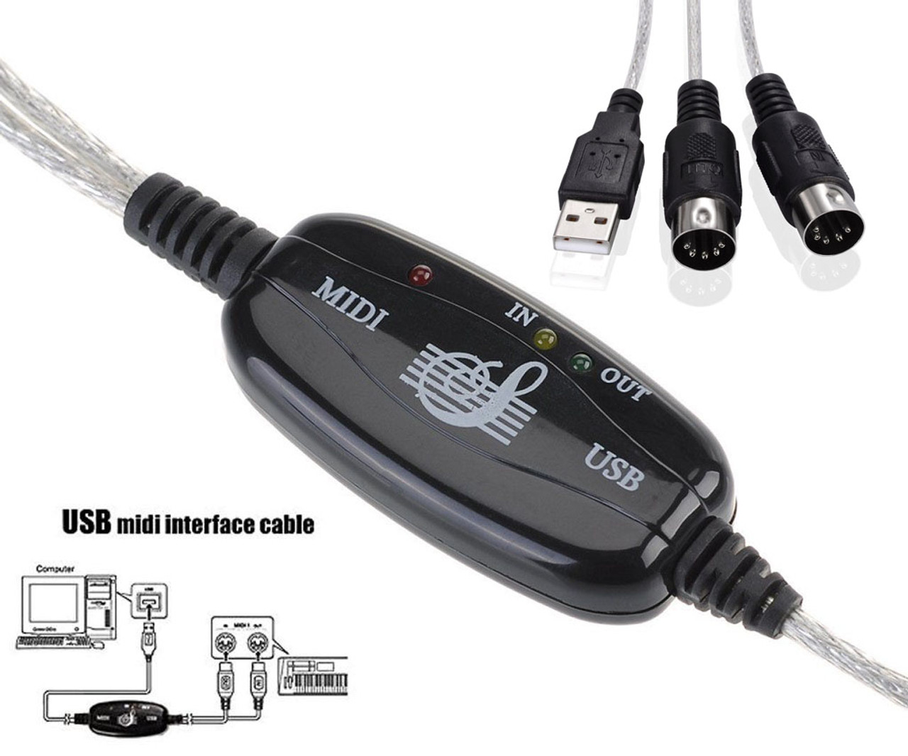 USB IN-OUT MIDI Interface Cable Converter Cord For Keyboard Electronic Drum Music PC Computer