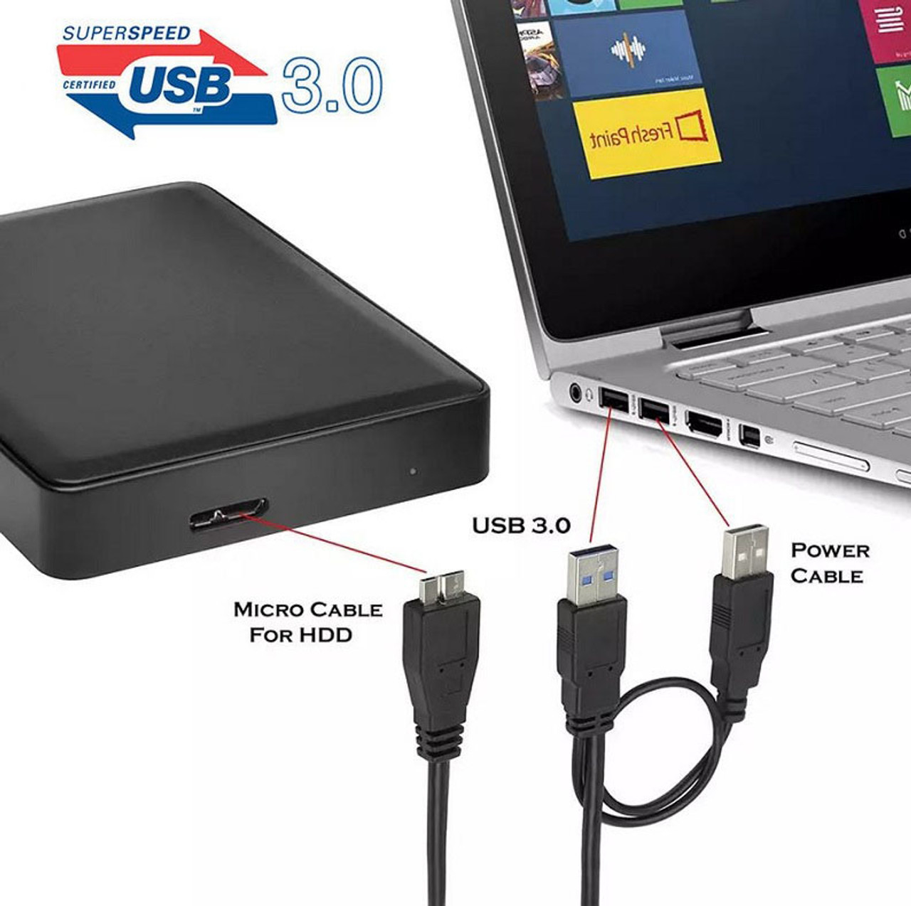 Micro USB 3.0 Adapter Cable Dual USB For External Hard Drive Portable HDD With Extra USB For Power Supply