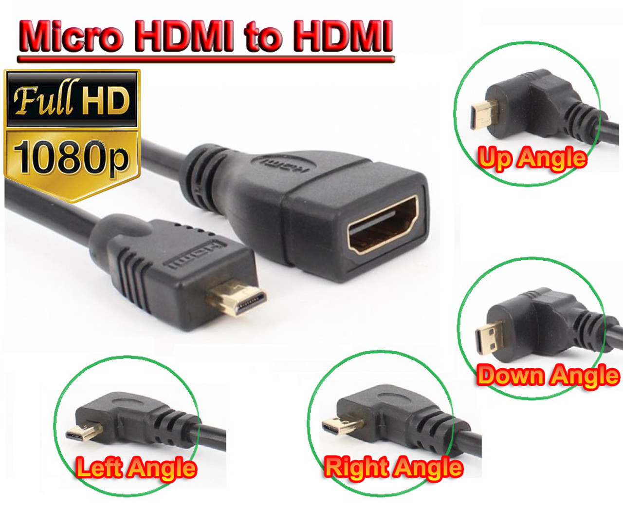 HDMI Female to  Micro HDMI Male Adapter Cable Left Right Up Down Elbow Plug 1080P Full HD Gold Plated