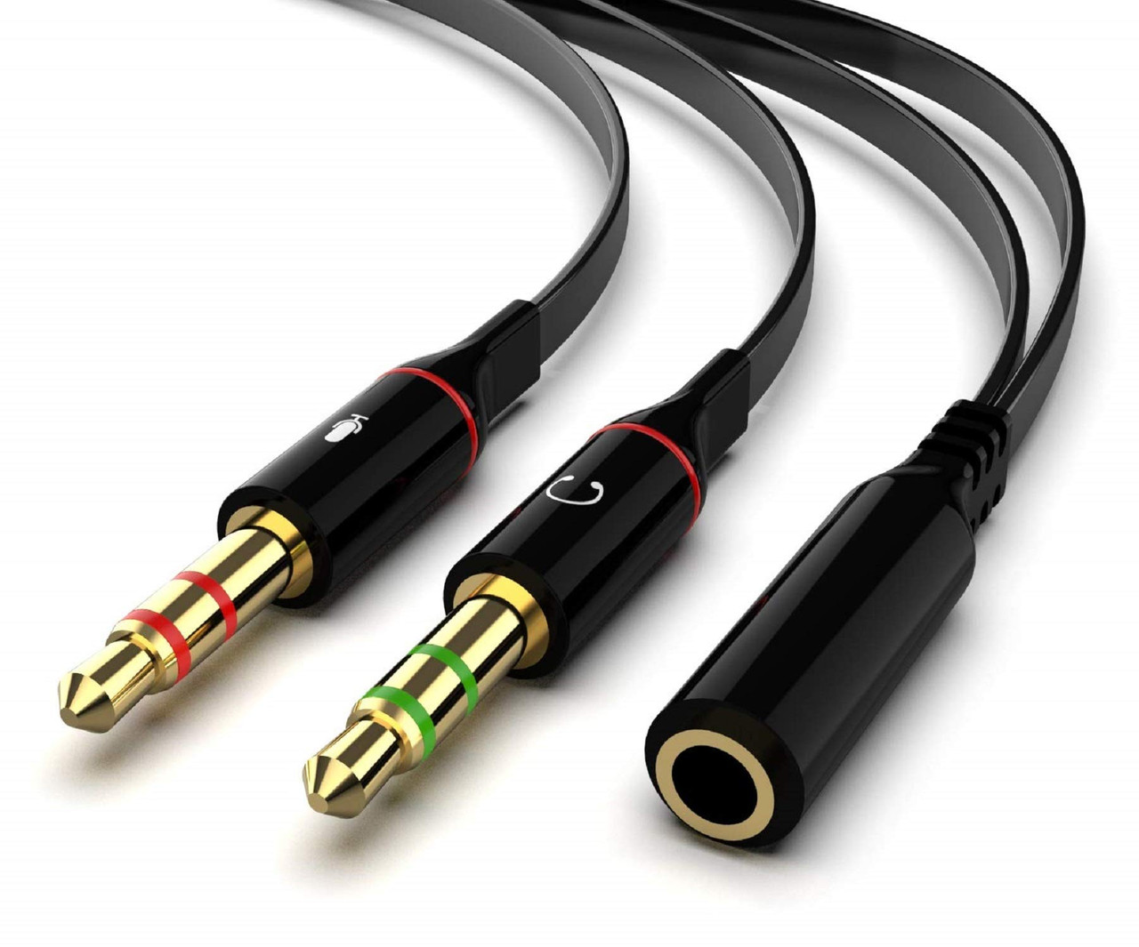 Premium 3.5mm TRRS Female to 2 TRS Male Adapter Cable Audio Mic Combine Splitter Cord Flat For Headphone Microphone Connection Gold Plated
