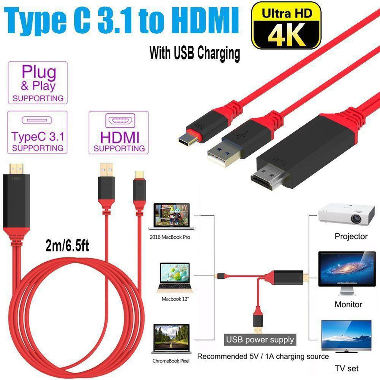 USB-C Thunderbolt3 to HDMI Adapter Cable 4K 60Hz UltraHD w/ USB Power Supply Supports Netflix