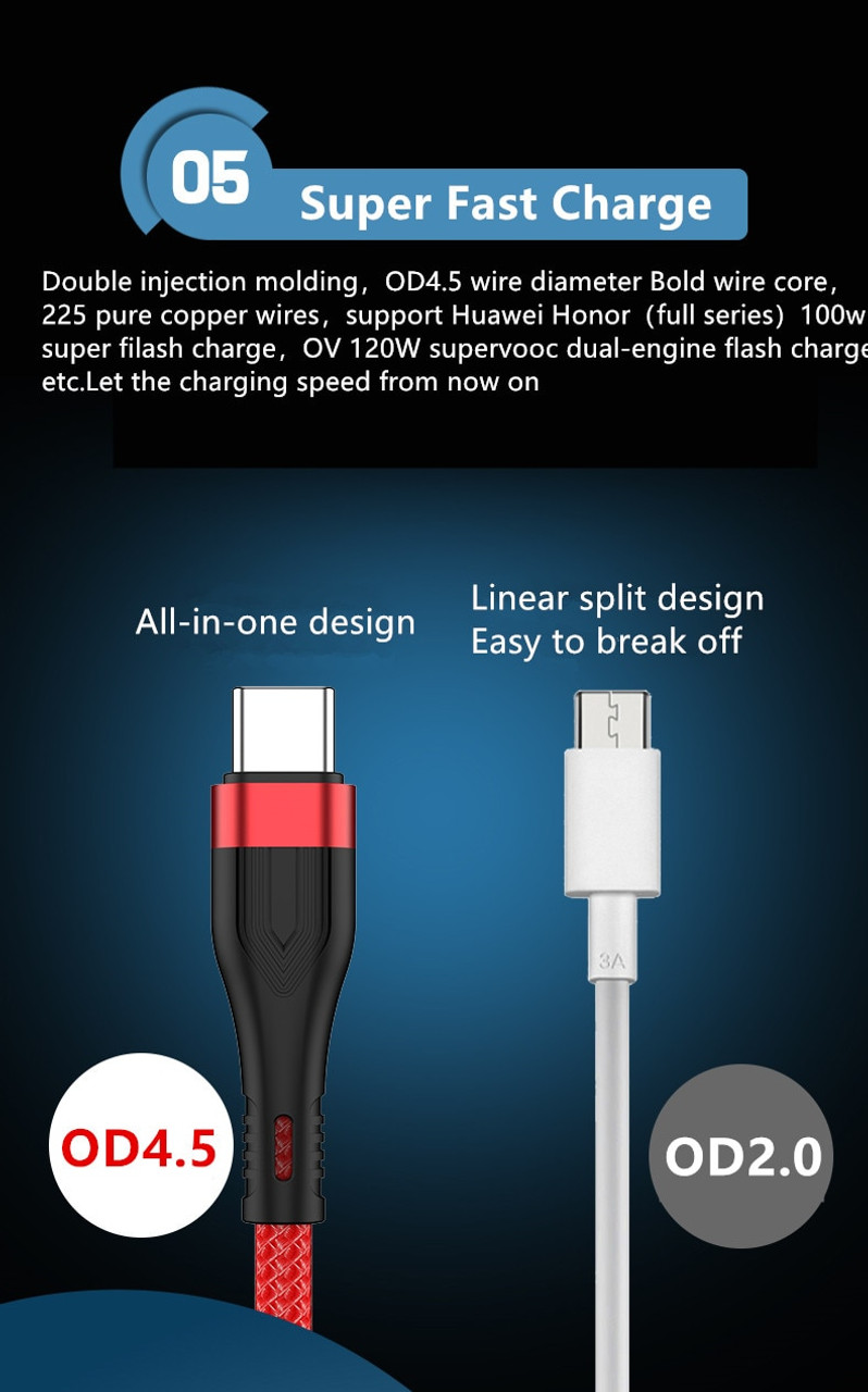 Braided USB Type-C Adapter Cable USB-C Charger Cord 6A 120W Fast Charging