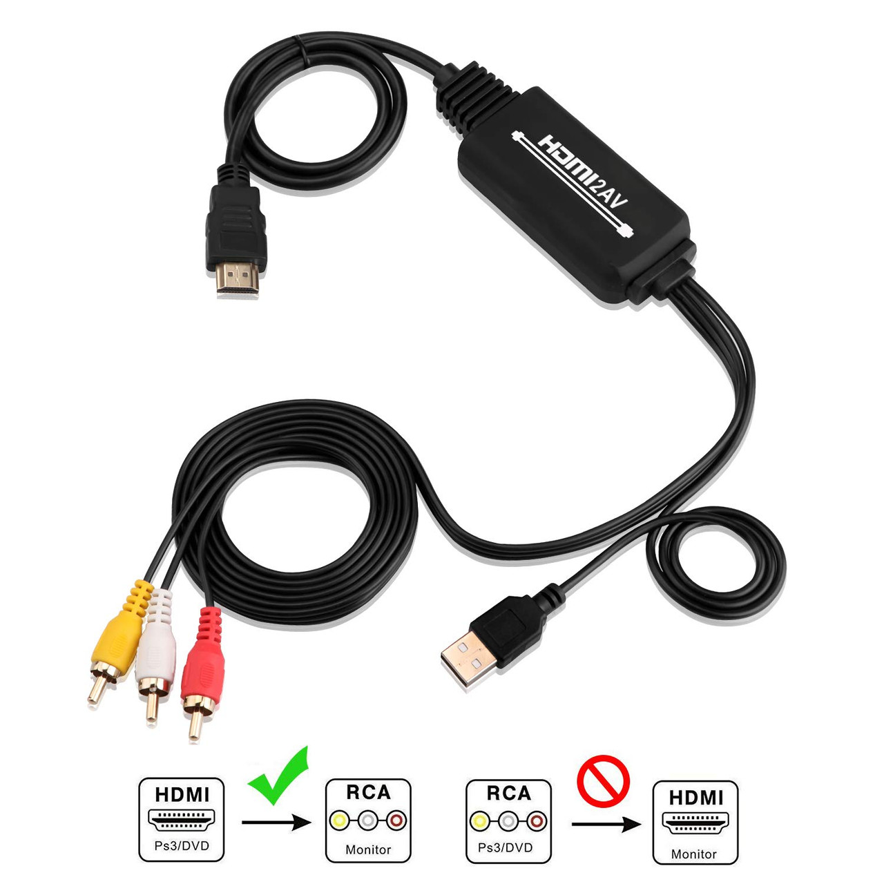 HDMI to 3RCA Composite AV Converter Adapter Cable Audio Video Cord With USB Plug Power Supply