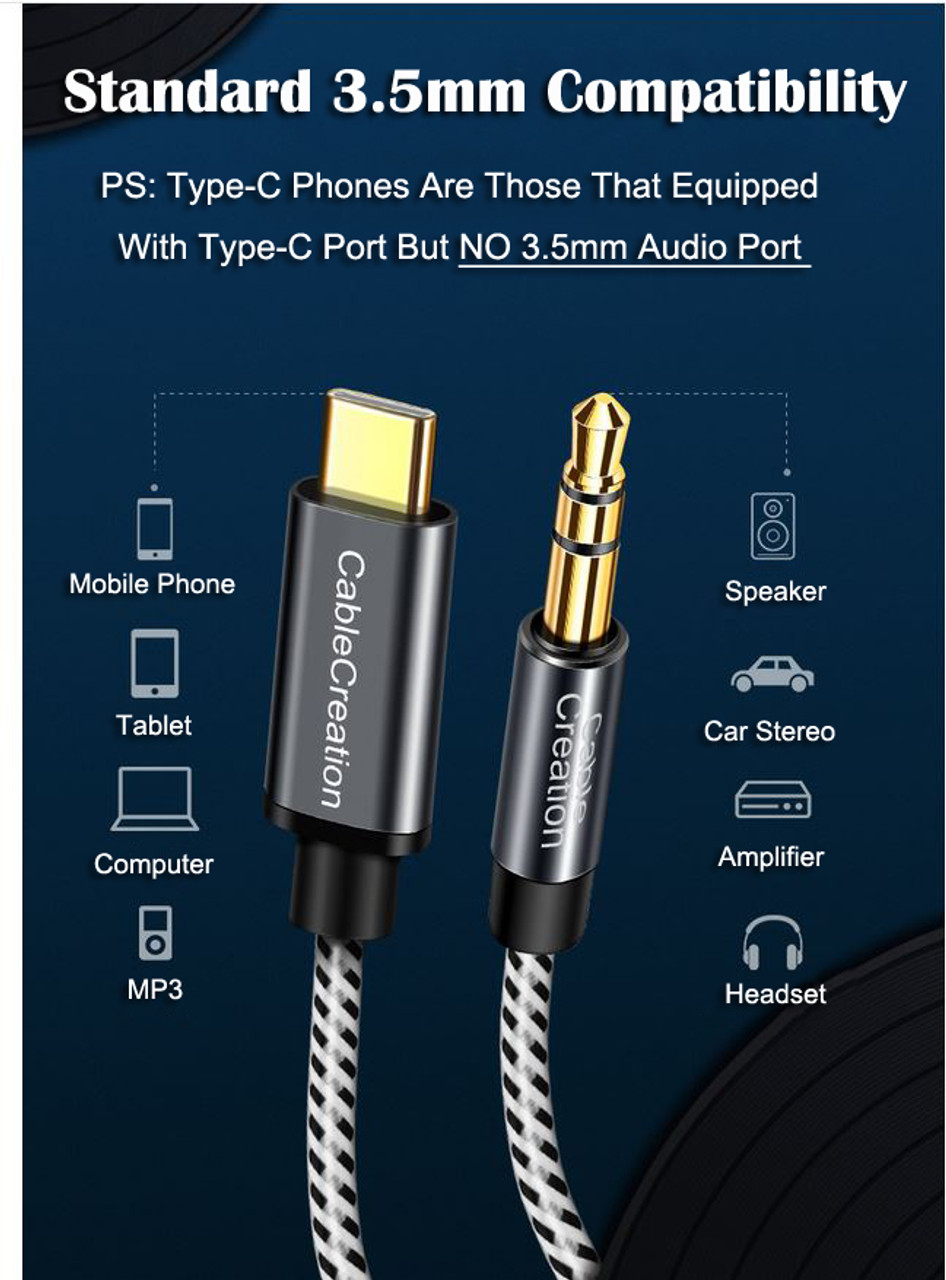 CableCreation Braided USB Type-C Male To 3.5mm AUX Male Adapter Cable Stereo Audio USB-C Cord 1M 2M