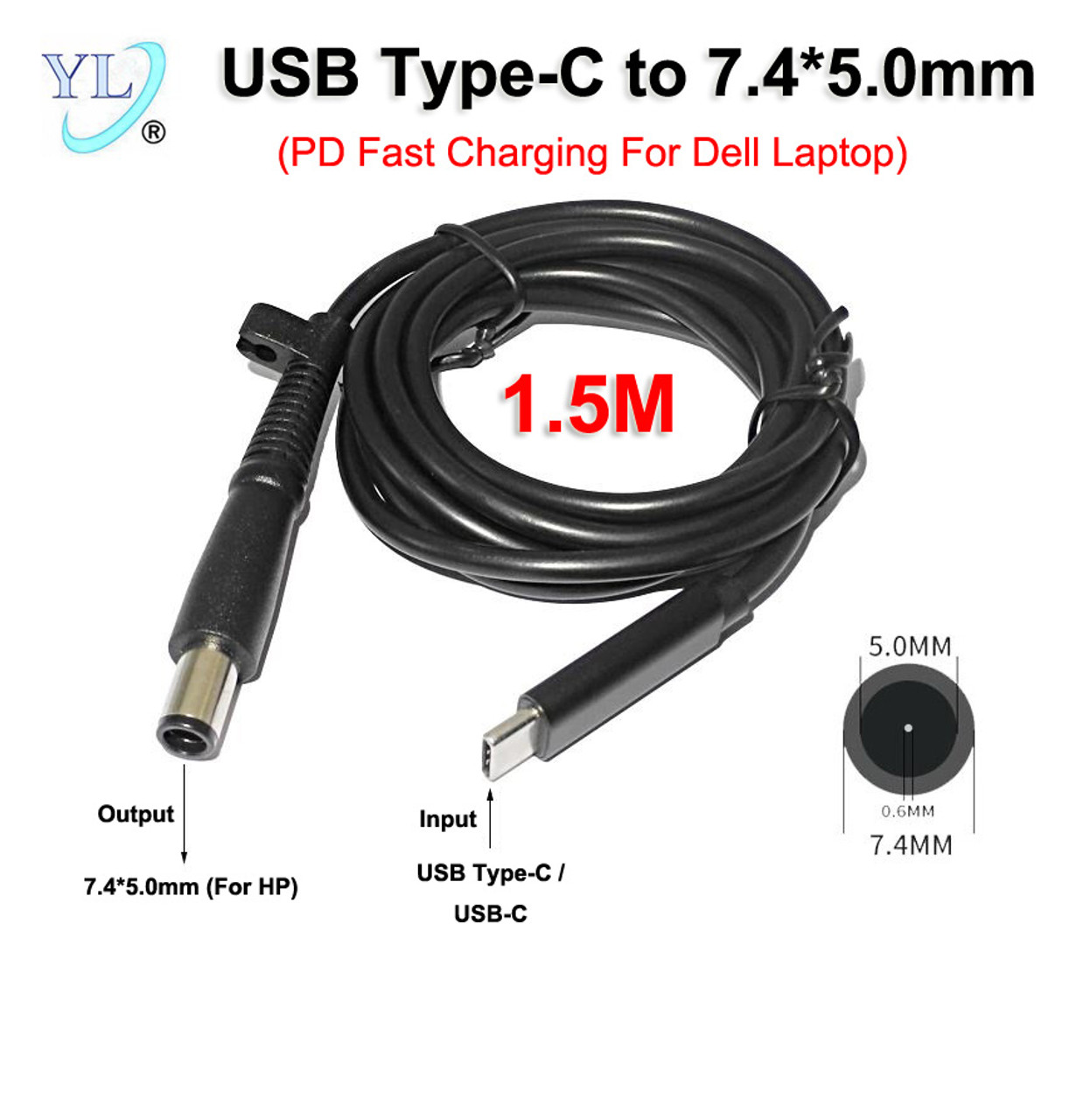 Premium USB Type-C to DC 7.4mm*5.0mm Adapter Cable USB-C PD 3A 65W Fast Charging Power Supply Cord 7.4*5.0mm For HP DELL Notebook Laptop