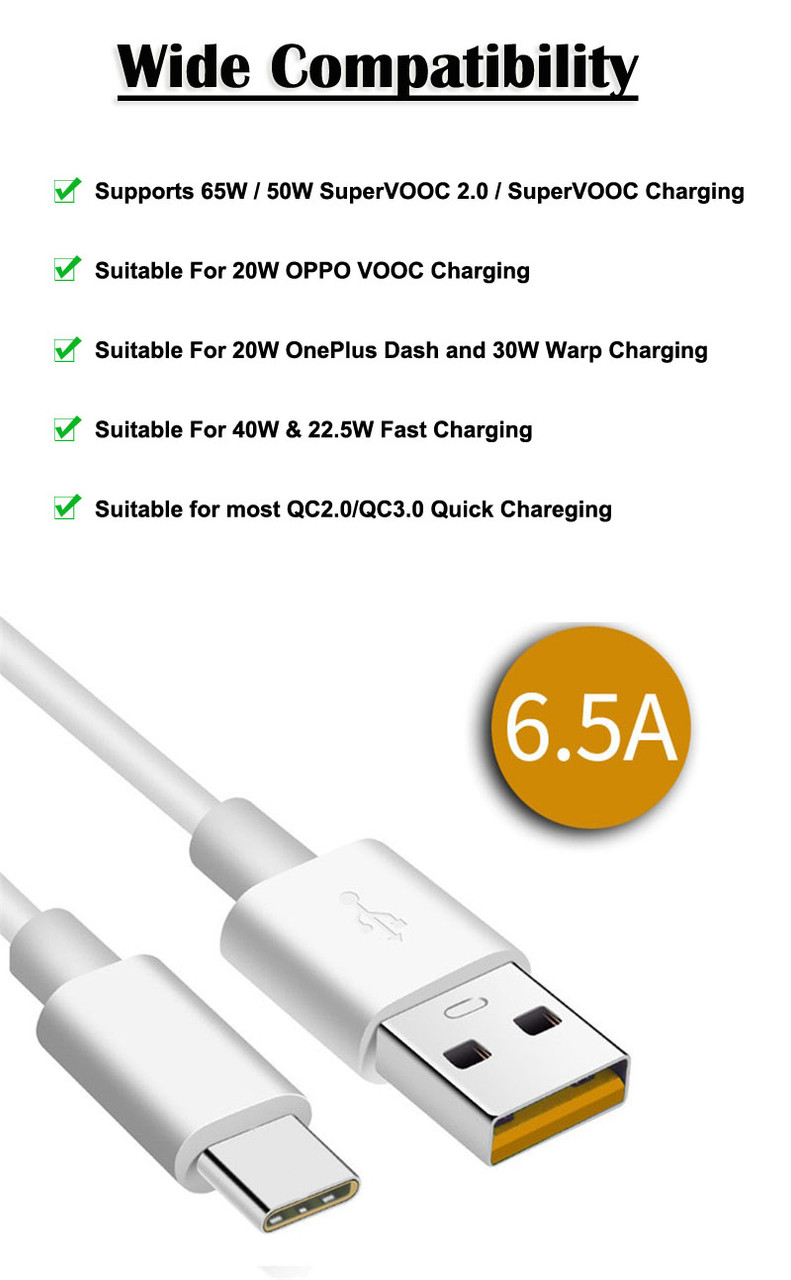 Oppo USB Type-C SuperVOOC Charger Adapter Cable 6.5A USB-C Fast Charging Cord 65W Orange Plug
